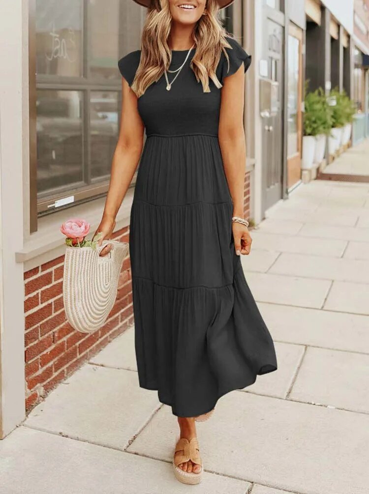 Comfortable Tiered Midi Dress for Women with Flutter Sleeve Style