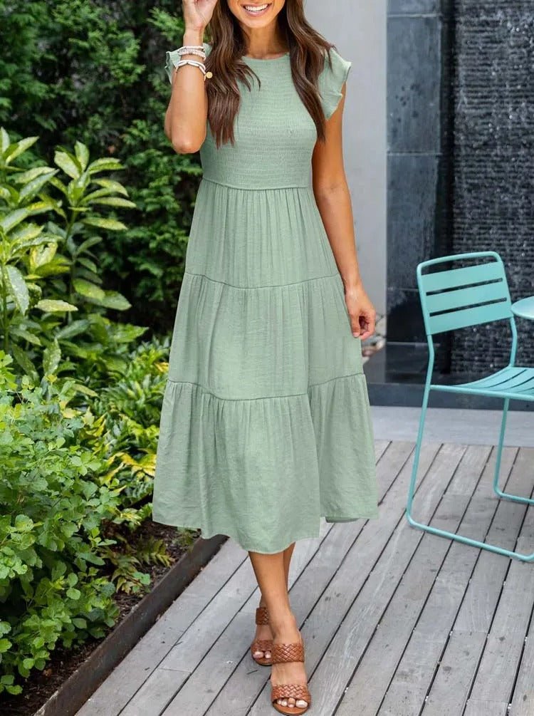 Comfortable Tiered Midi Dress for Women with Flutter Sleeve Style