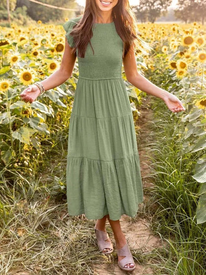 Comfortable Tiered Midi Dress for Women with Flutter Sleeve Style
