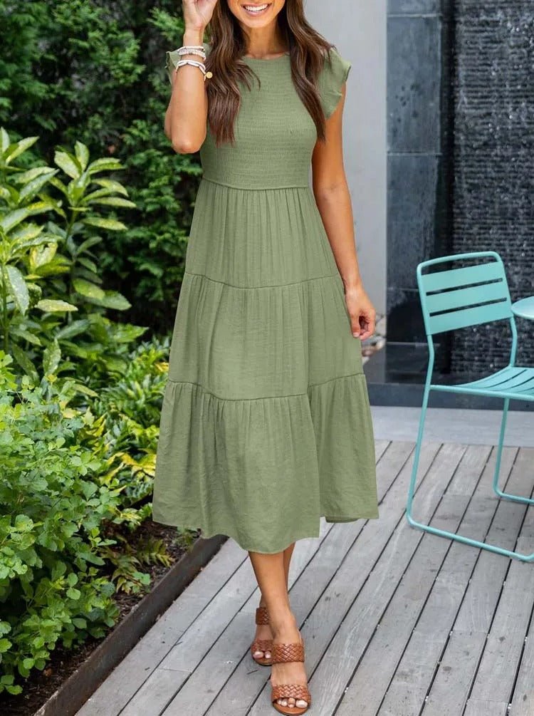 Comfortable Tiered Midi Dress for Women with Flutter Sleeve Style