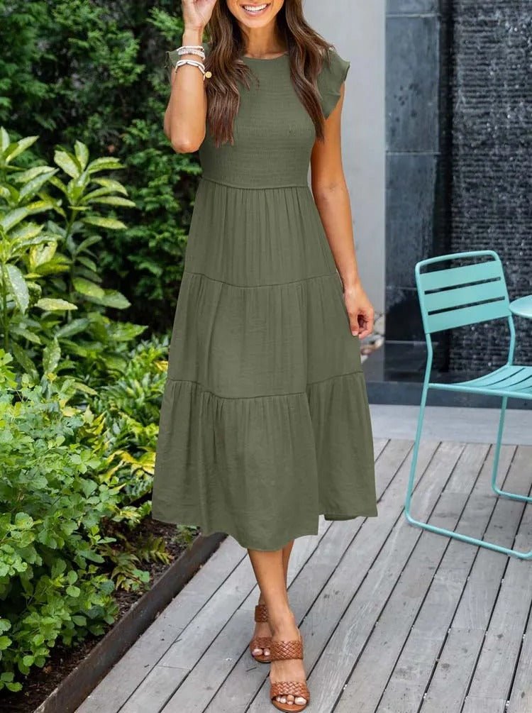 Comfortable Tiered Midi Dress for Women with Flutter Sleeve Style