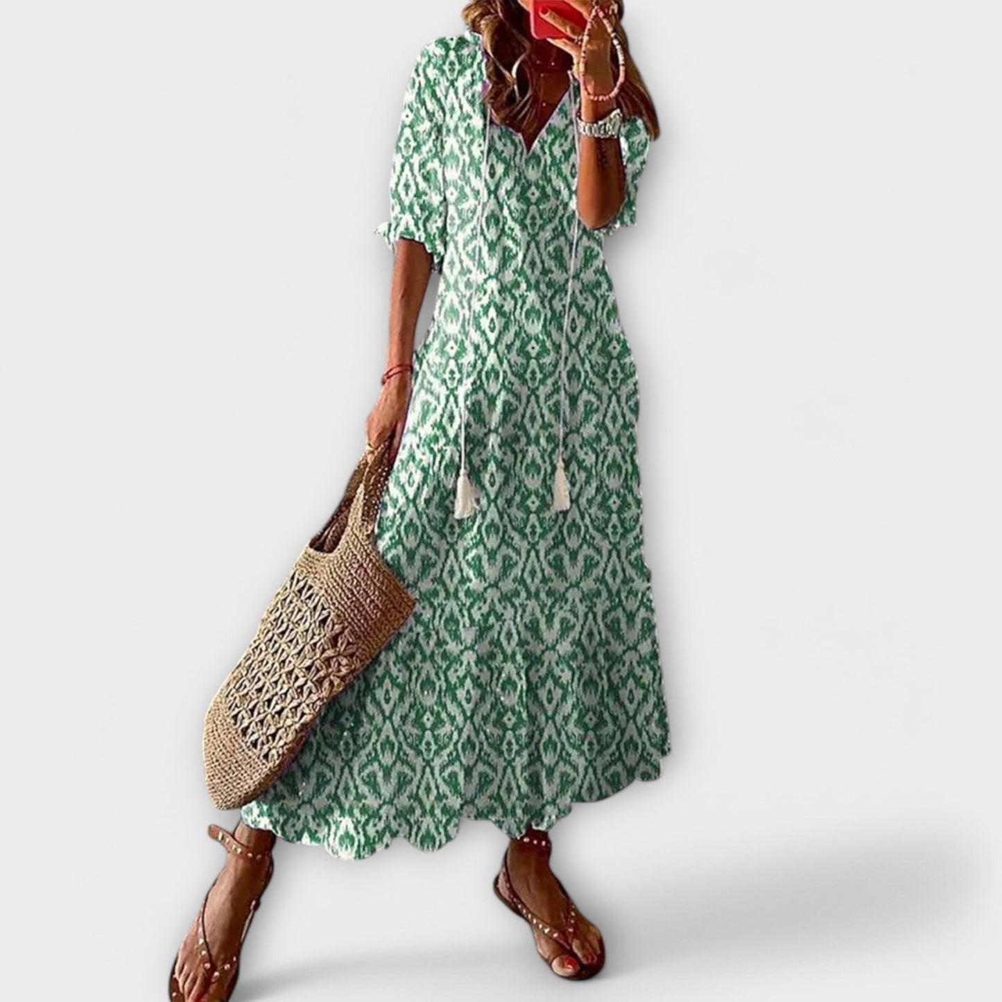 Effortless Printed Maxi Dress for Women with V Neck Boho Style