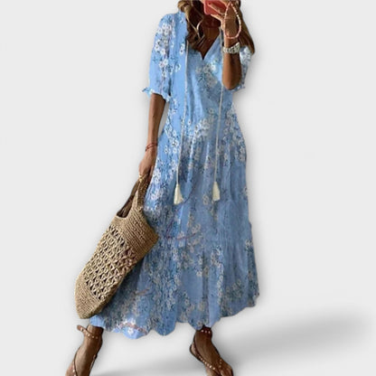 Effortless Printed Maxi Dress for Women with V Neck Boho Style