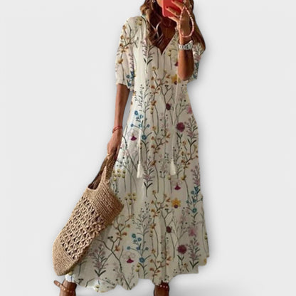 Effortless Printed Maxi Dress for Women with V Neck Boho Style