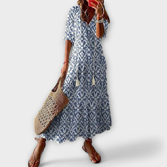 Effortless Printed Maxi Dress for Women with V Neck Boho Style