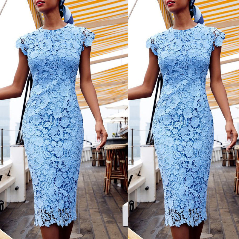 Light Blue Lace Wedding Guest Midi Dress
