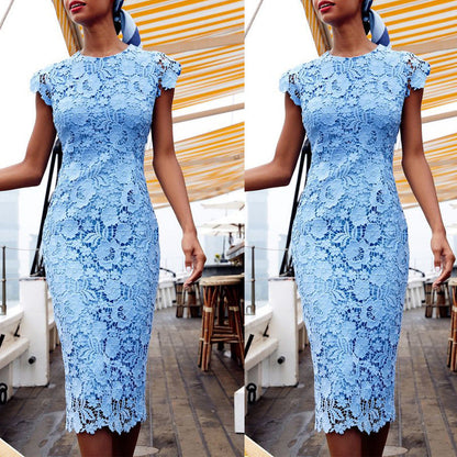 Light Blue Lace Wedding Guest Midi Dress
