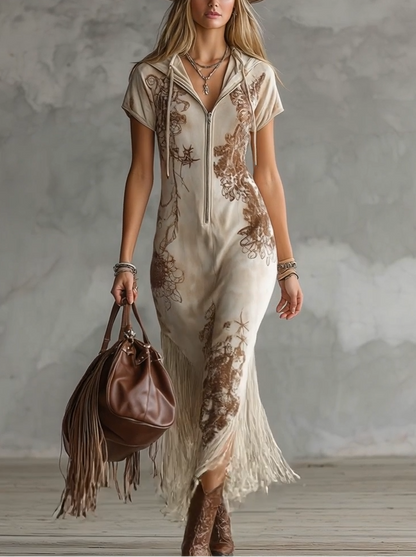 Off-White Embroidered Fringe Midi Dress