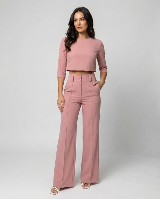 Stylish Two Piece Set for Women with Crop Top Elbow Sleeve High Waist Wide Leg Pants Casual Elegant Style