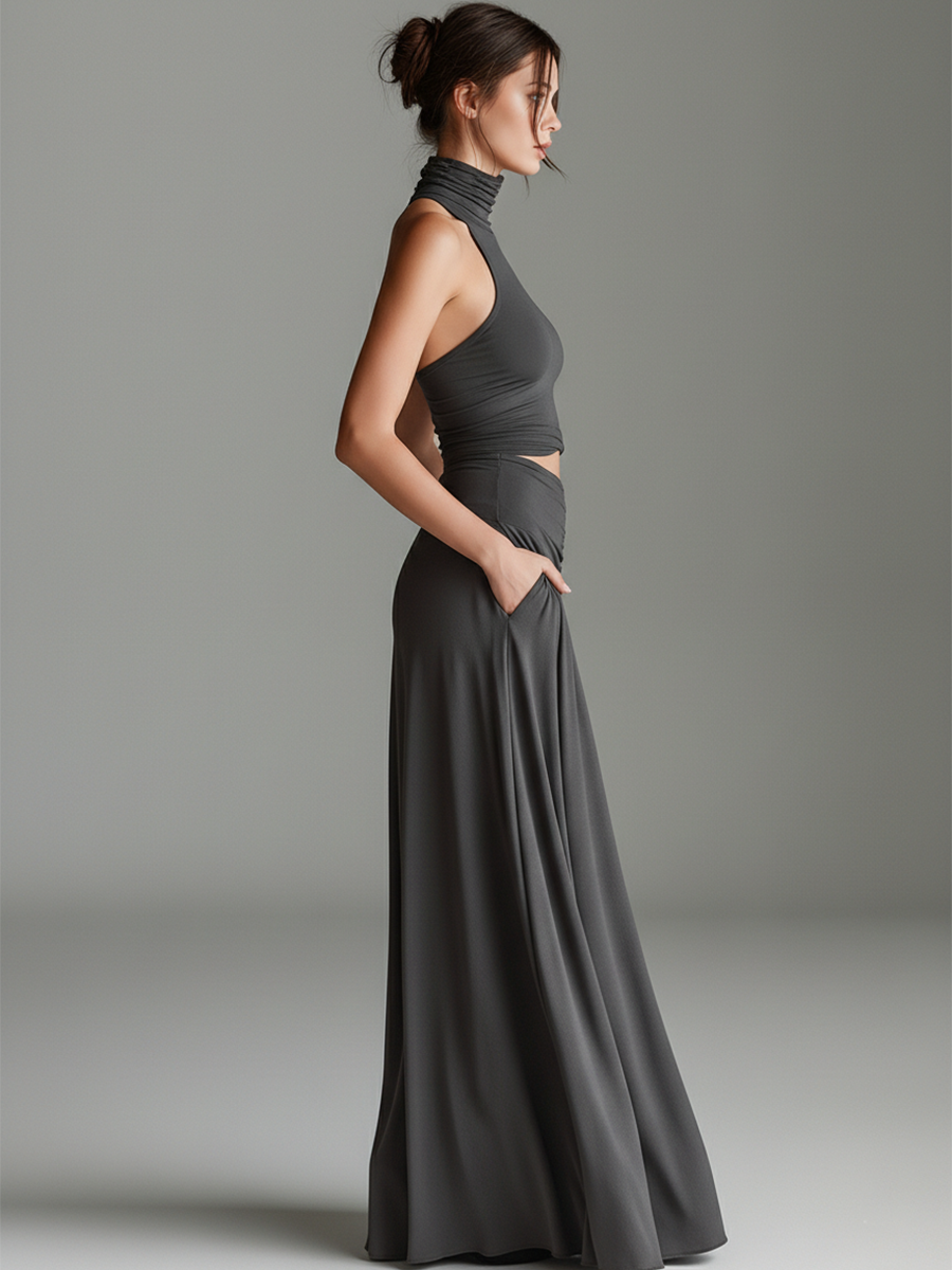 Elegant Gray Maxi Dress for Women with Turtleneck Halter Wedding Guest Dress Style