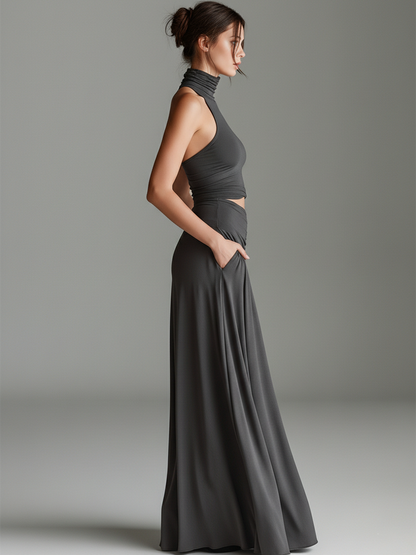 Elegant Gray Maxi Dress for Women with Turtleneck Halter Wedding Guest Dress Style