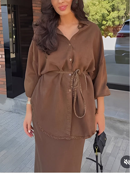 Effortless Shirt and Skirt Set for Women with Drawstring Waist Style