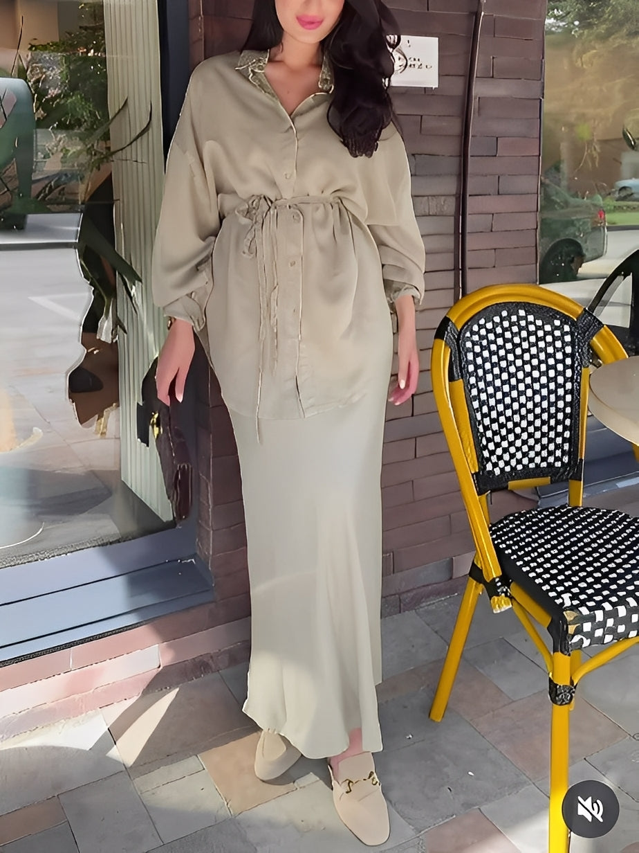 Effortless Shirt and Skirt Set for Women with Drawstring Waist Style
