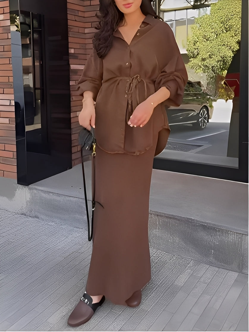 Effortless Shirt and Skirt Set for Women with Drawstring Waist Style