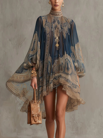 Navy Boho Mini Dress with Sheer Sleeves