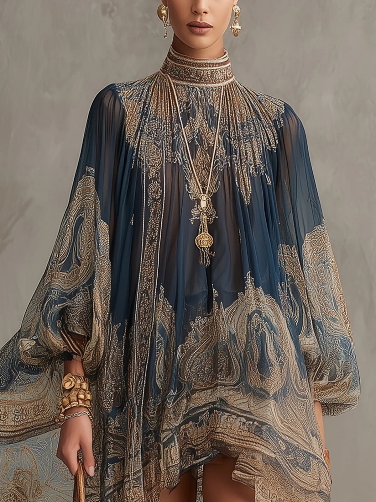 Navy Boho Mini Dress with Sheer Sleeves
