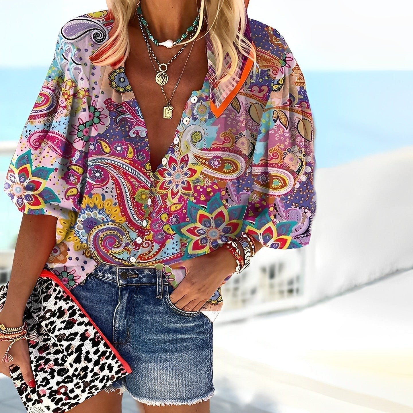 Multicolor Paisley V Neck Blouse