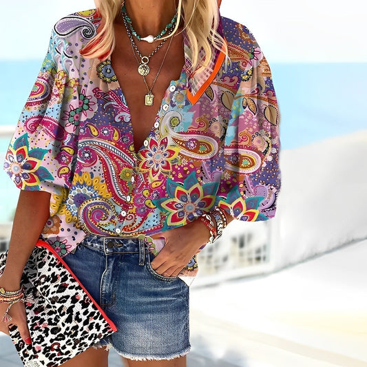 Multicolor Paisley V Neck Blouse