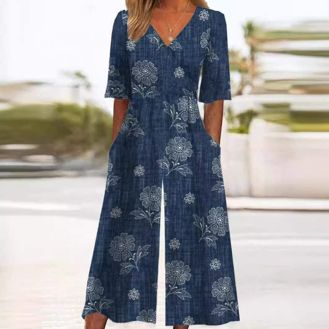 Navy Blue Printed Wide Leg Jumpsuit