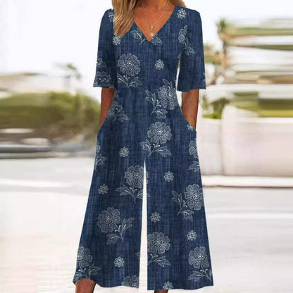 Navy Blue Printed Wide Leg Jumpsuit
