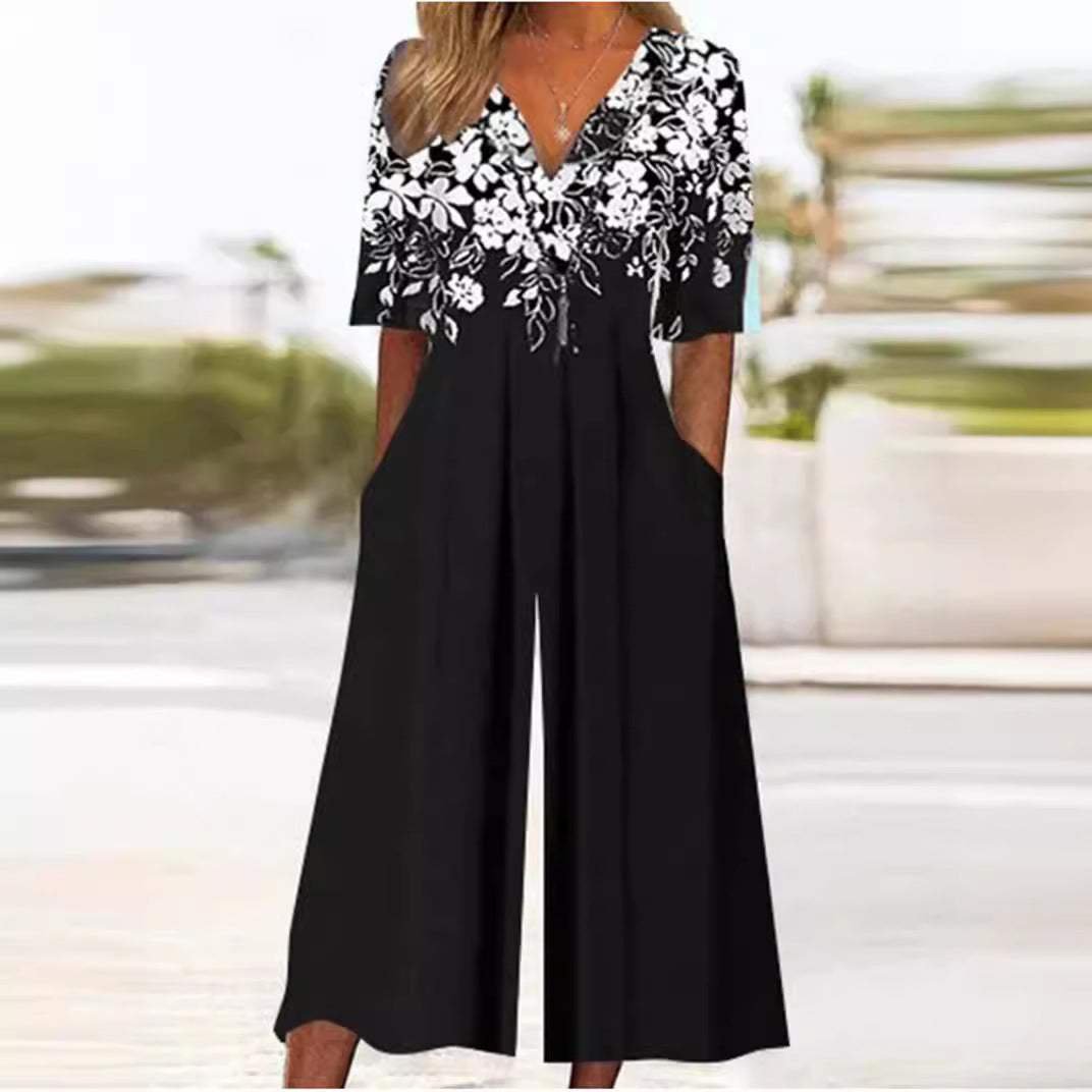 Navy Blue Printed Wide Leg Jumpsuit
