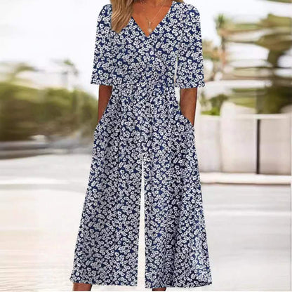 Navy Blue Printed Wide Leg Jumpsuit