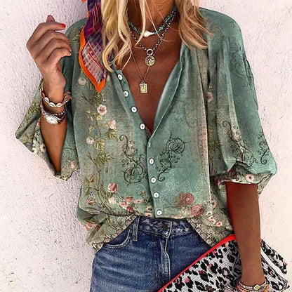 Boho Floral V Neck Blouse