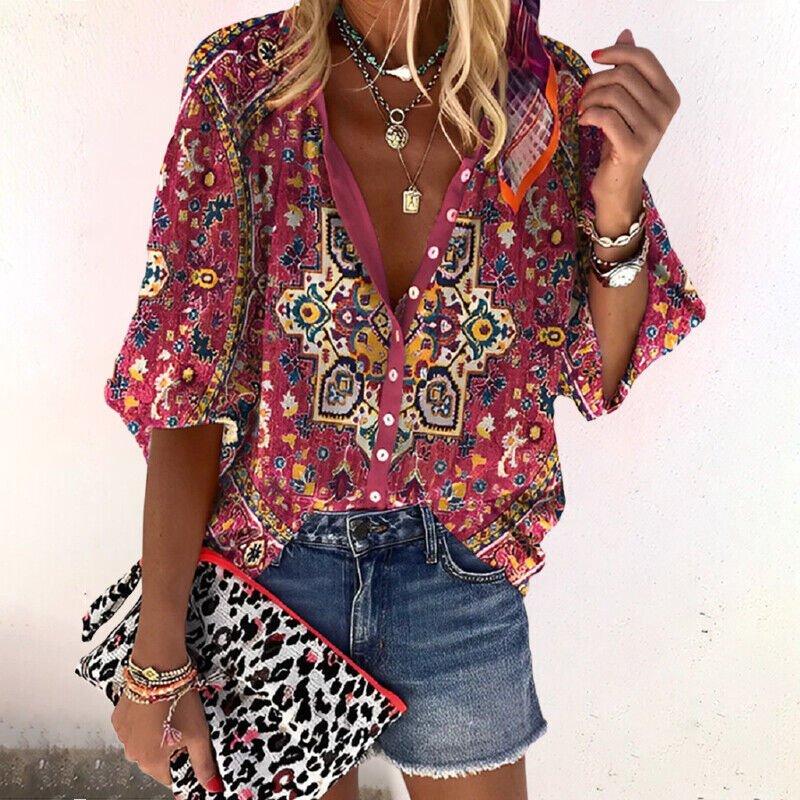Boho Floral V Neck Blouse