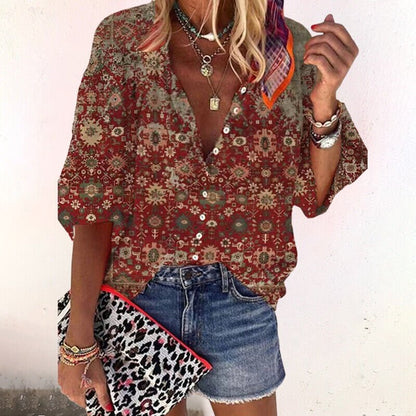Boho Floral V Neck Blouse