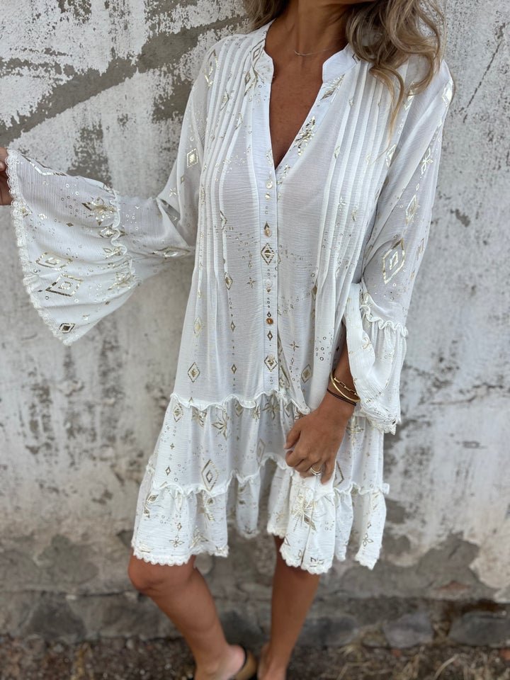 Boho V Neck Mini Dress with Ruffle Hem