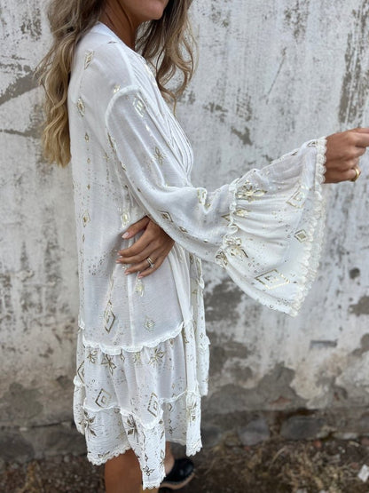 Boho V Neck Mini Dress with Ruffle Hem