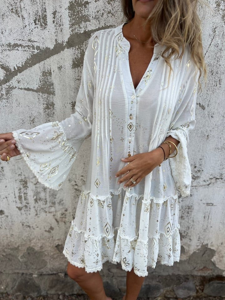 Boho V Neck Mini Dress with Ruffle Hem