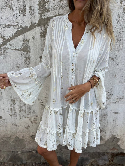 Boho V Neck Mini Dress with Ruffle Hem