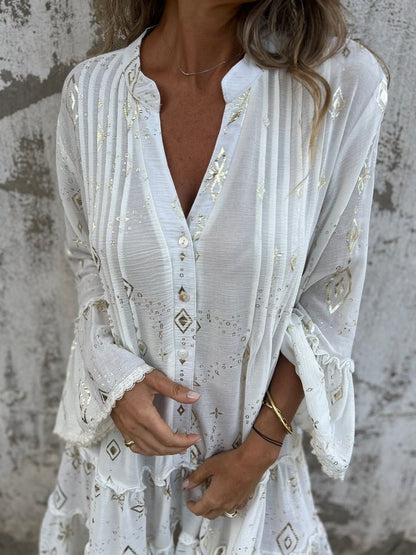 Boho V Neck Mini Dress with Ruffle Hem