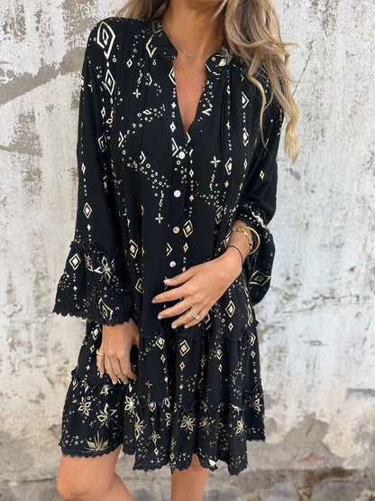 Boho V Neck Mini Dress with Ruffle Hem