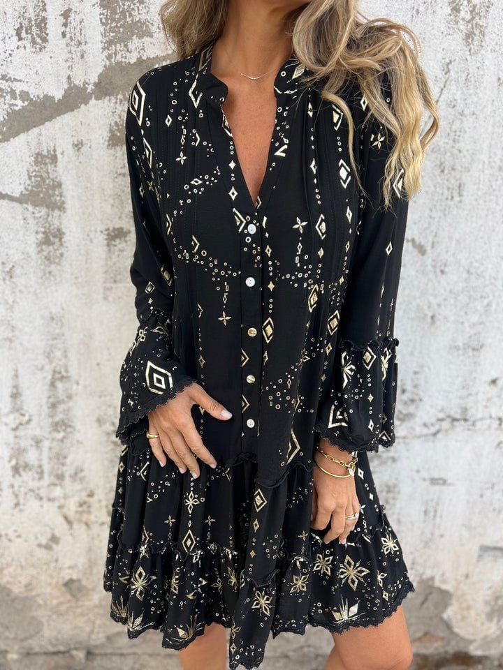 Boho V Neck Mini Dress with Ruffle Hem
