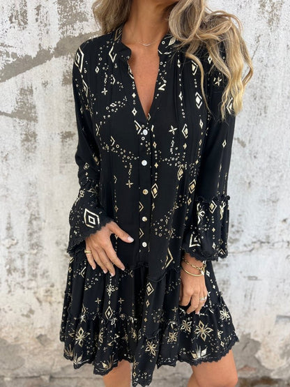 Boho V Neck Mini Dress with Ruffle Hem