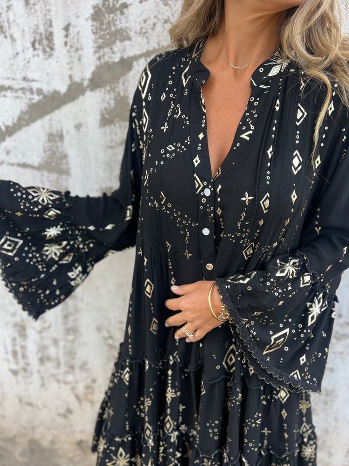 Boho V Neck Mini Dress with Ruffle Hem