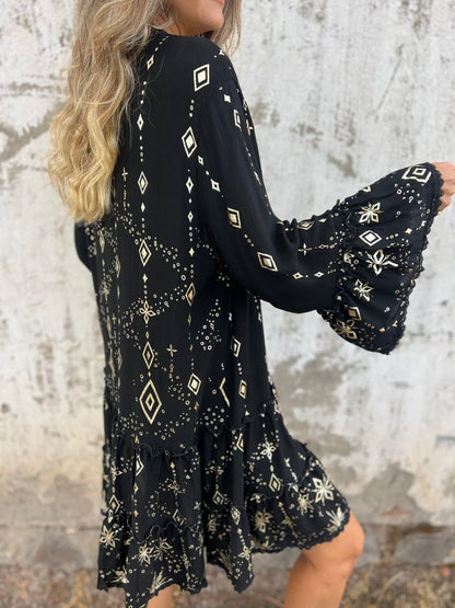 Boho V Neck Mini Dress with Ruffle Hem