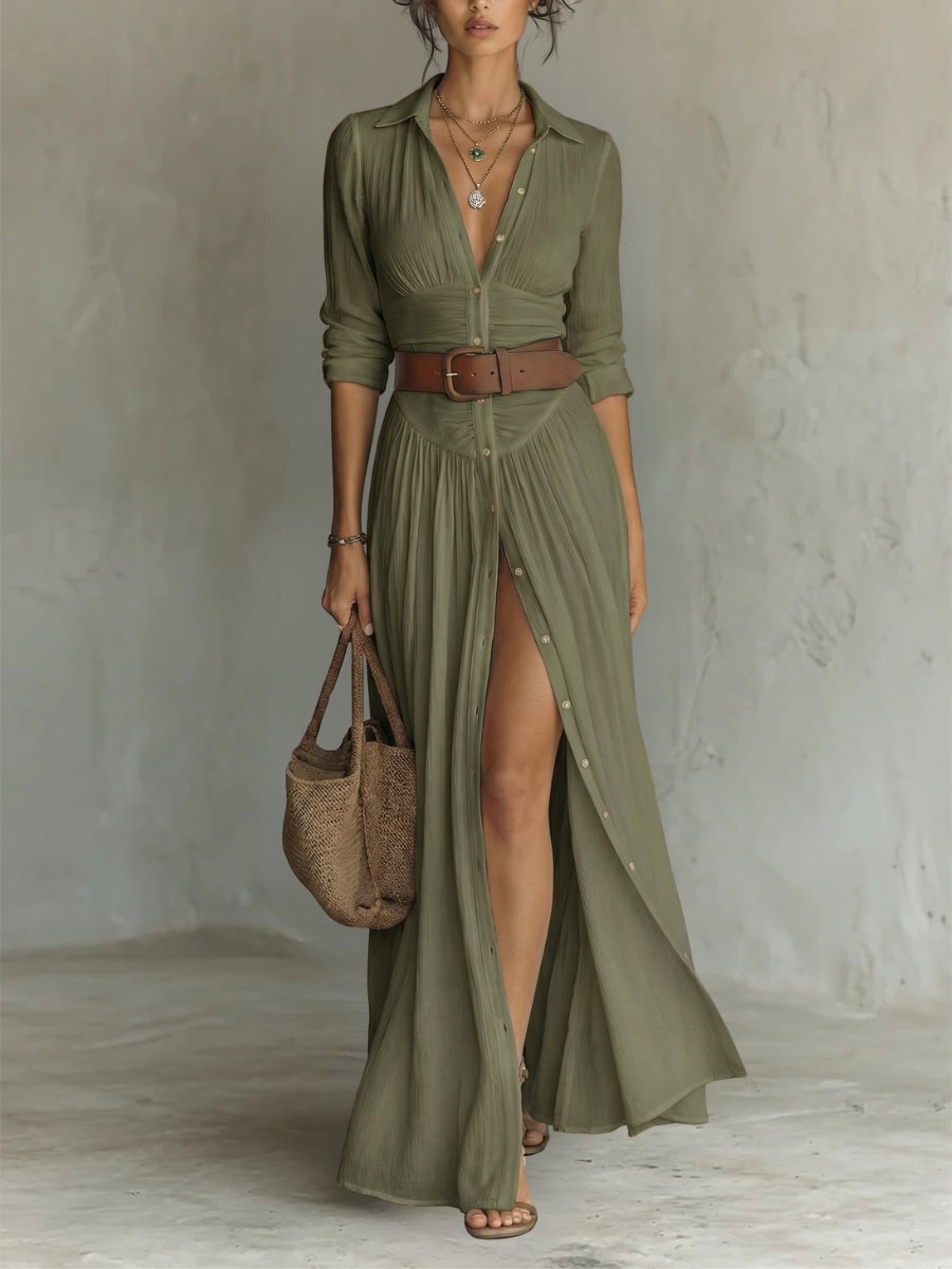 Belted Maxi Dress with High Slit