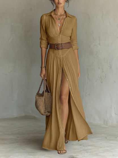 Belted Maxi Dress with High Slit