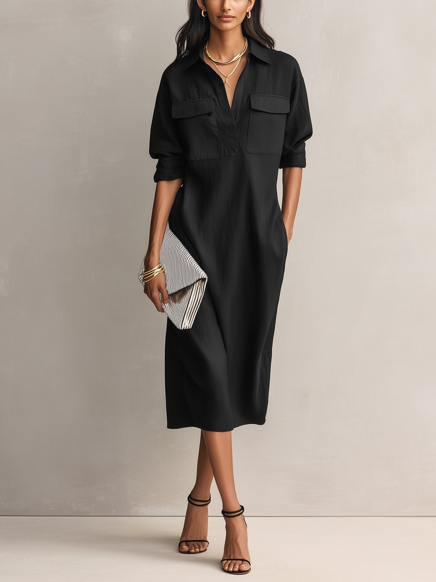 Black Collared Midi Dress with Short Sleeves