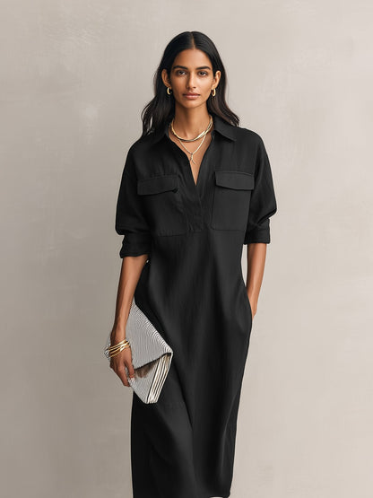 Black Collared Midi Dress with Short Sleeves