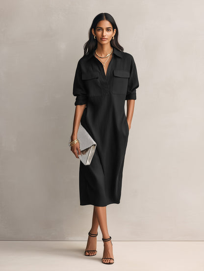 Black Collared Midi Dress with Short Sleeves