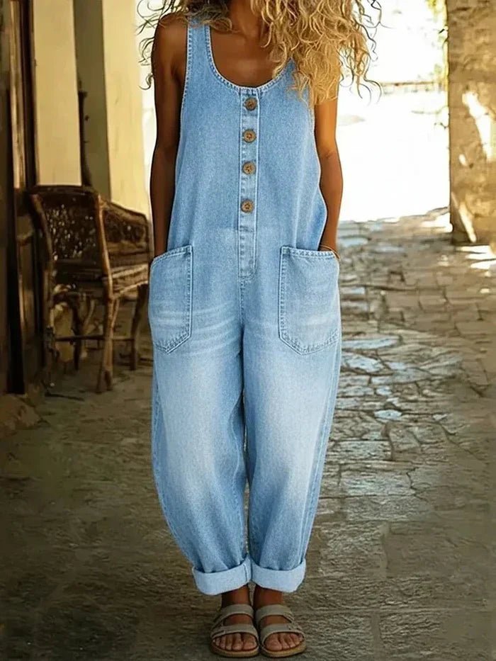 Effortless Denim Jumpsuit for Women with Scoop Neck Sleeveless Button Front Loose Fit Casual Style