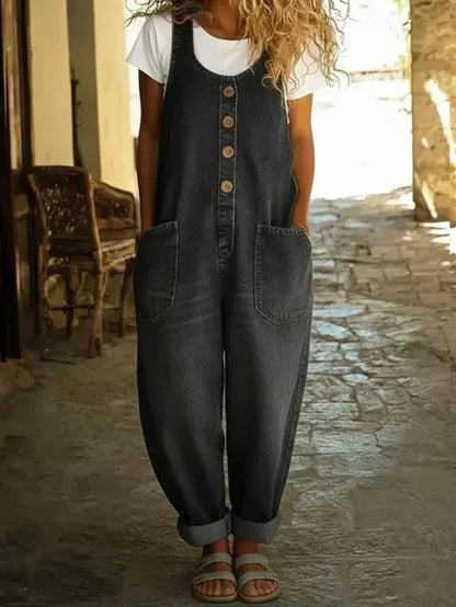 Effortless Denim Jumpsuit for Women with Scoop Neck Sleeveless Button Front Loose Fit Casual Style