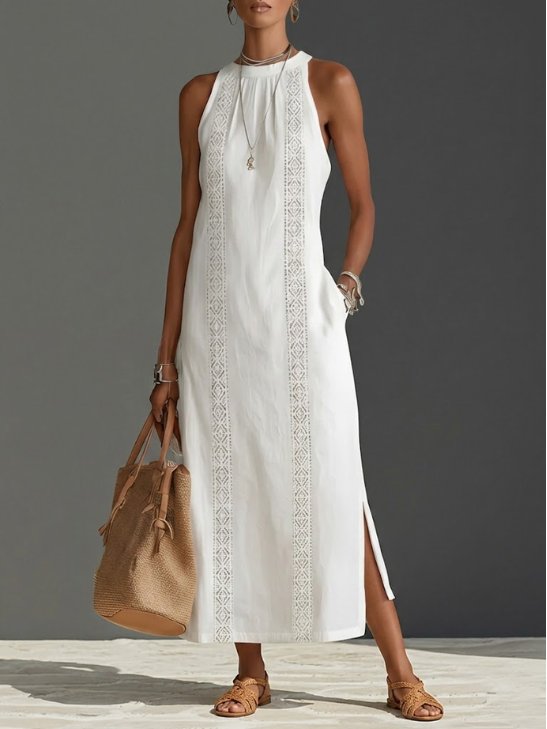 Embroidered Sleeveless Maxi Dress with Side Slit