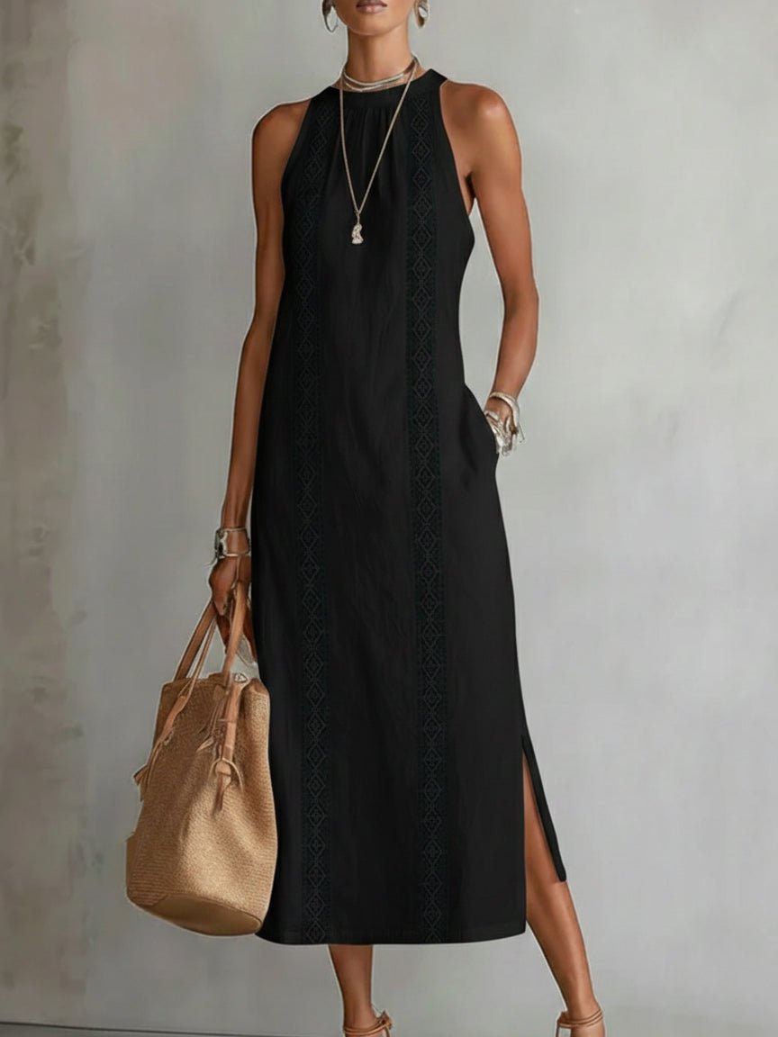 Embroidered Sleeveless Maxi Dress with Side Slit