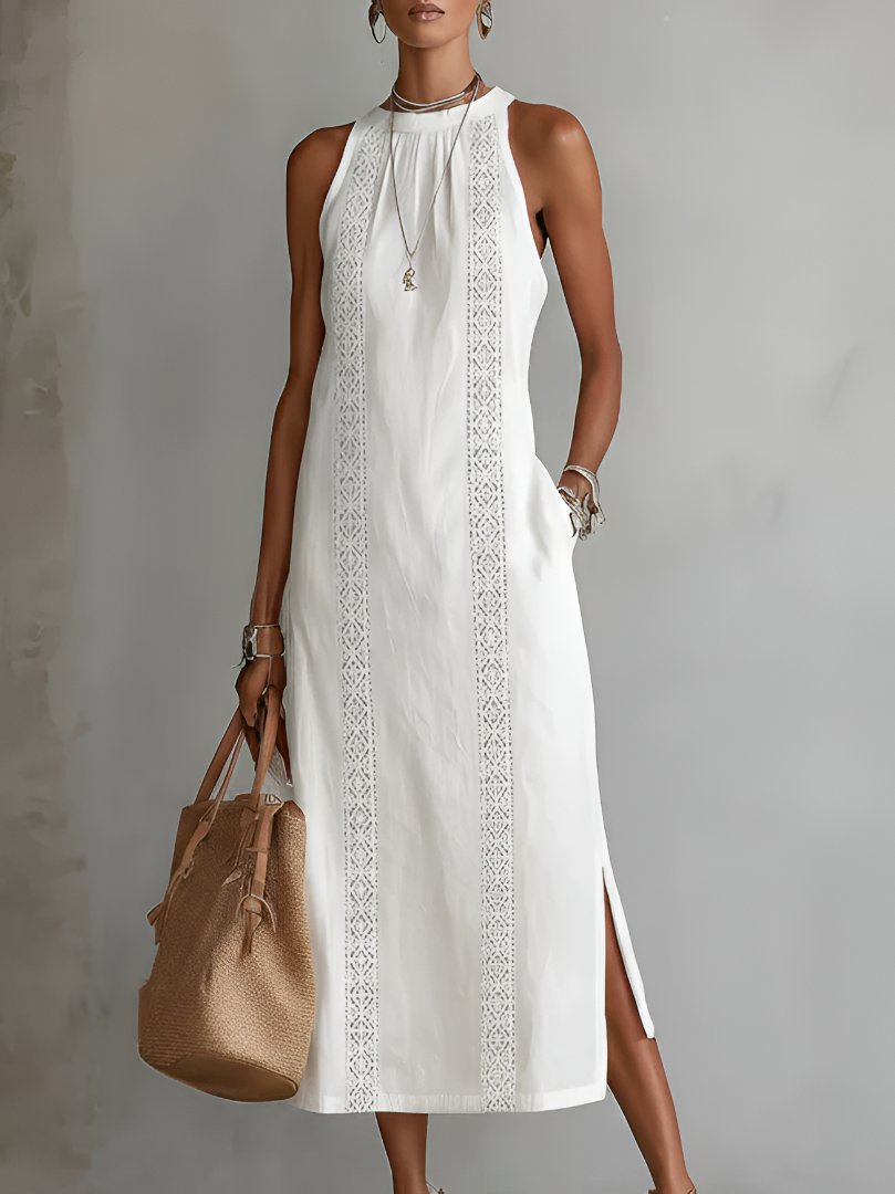 Embroidered Sleeveless Maxi Dress with Side Slit