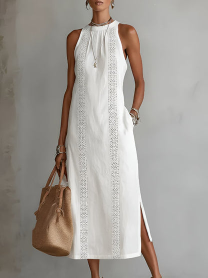 Embroidered Sleeveless Maxi Dress with Side Slit